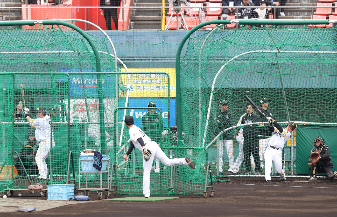 打撃練習を行う近藤、左のゲージは山川（撮影・梅根麻紀）
