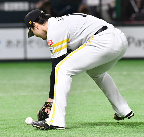 ソフトバンク対日本ハム　8回表日本ハム無死二塁、山県の送りバントをファンブルする有原（撮影・岩下翔太）