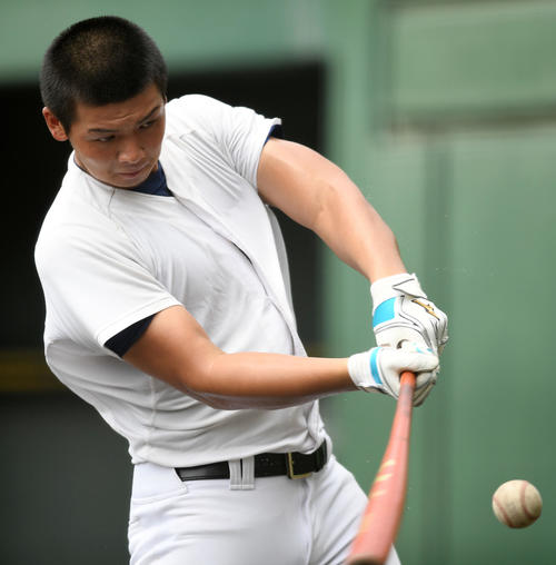 打撃練習で快音を響かせる履正社・井上(撮影・横山健太)