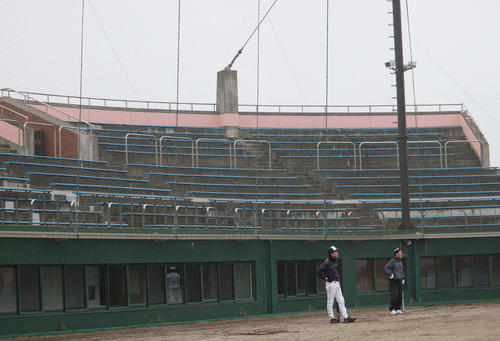 岩沼海浜緑地公園野球場のバックスタンド。小野寺進さんは震災時、スタンド最上部のワイヤを固定する土台に上がり、津波から逃れた（撮影・湯本勝大）