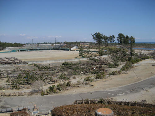 11年3月、津波の被害を受けた岩沼海浜緑地公園野球場(提供写真)