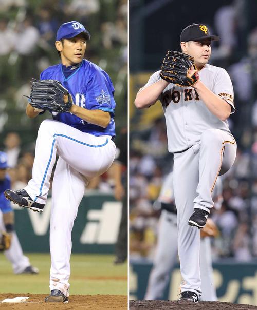 現役時代の三浦のフォーム（左）と2日、登板した田中豊