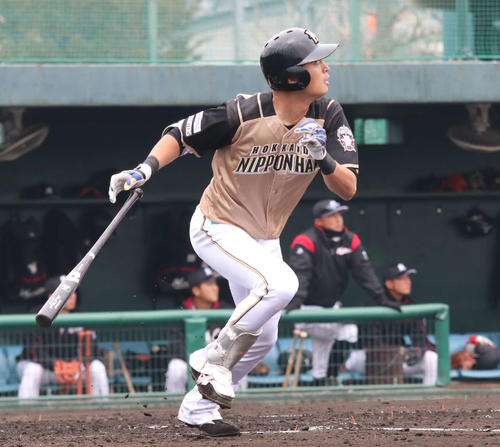 19年3月、イースタン教育リーグのロッテ戦で、左越えに二塁打を放つ日本ハム白村