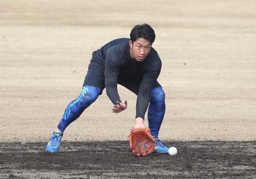 17日、新人合同自主トレでノックを受ける日本ハム有薗