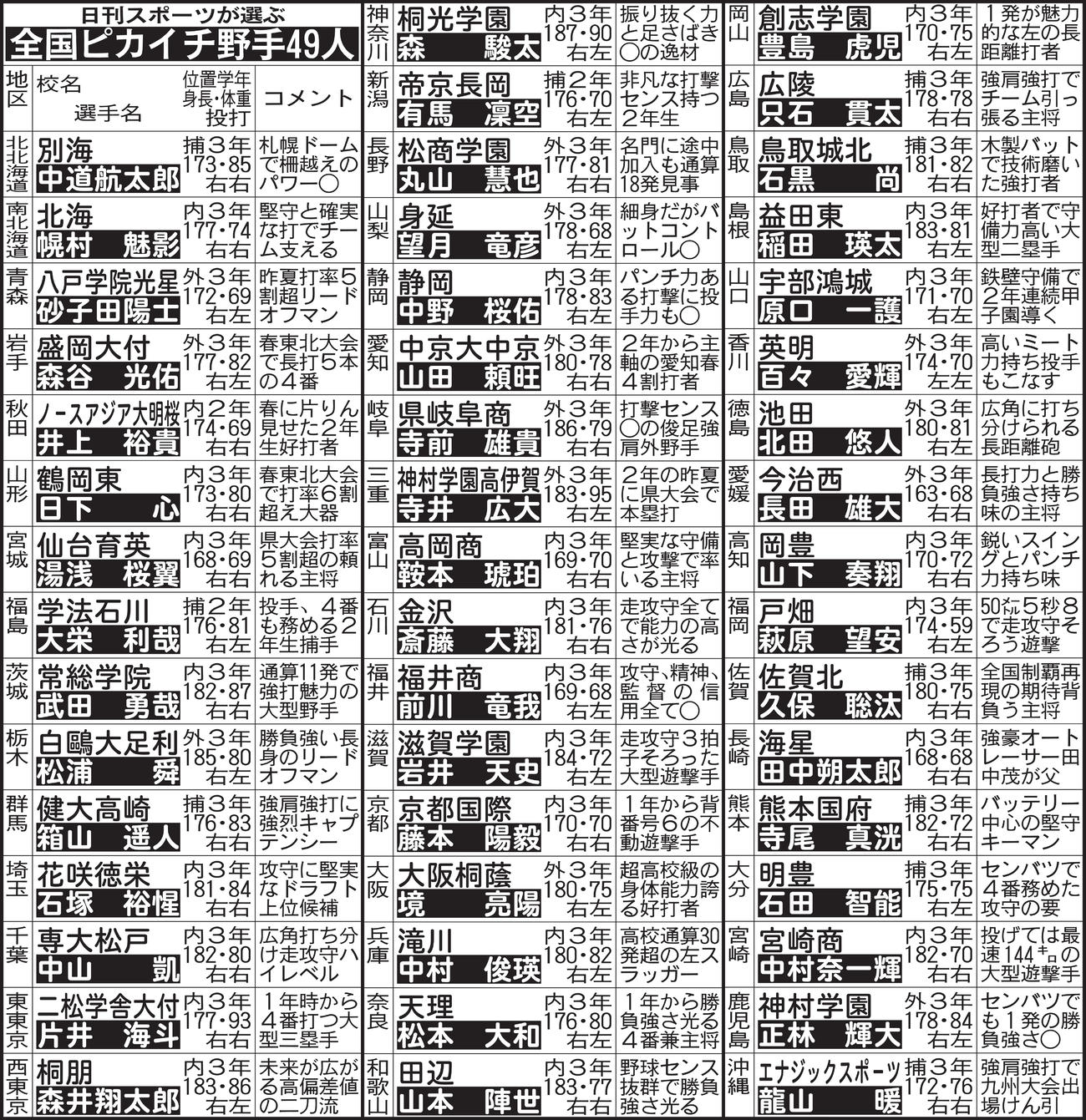 日刊スポーツが選ぶ全国ピカイチ野手49人