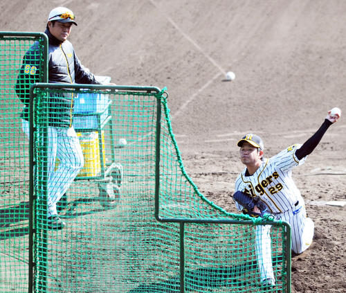 高橋遥人のフリー打撃登板を見守る安藤優也コーチ(2018年2月8日撮影)