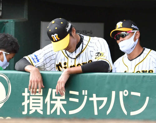 4回表広島1死満塁、降板となった藤浪晋太郎はベンチでがっくり（撮影・岩下翔太）