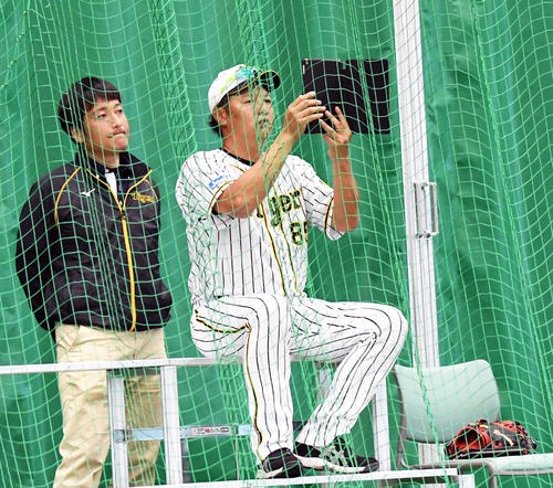ブルペンで投げる藤浪晋太郎の動画を撮影する福原忍コーチ（撮影・奥田泰也）