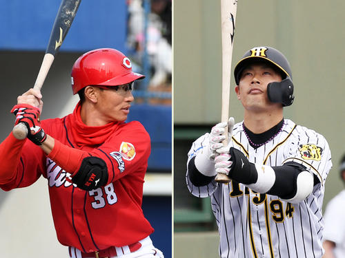 広島赤松真人（左）と阪神原口文仁
