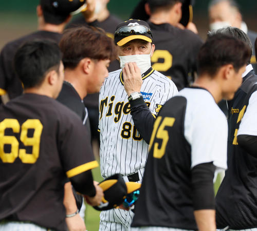 ナインを見る岡田監督（2023年2月12日）
