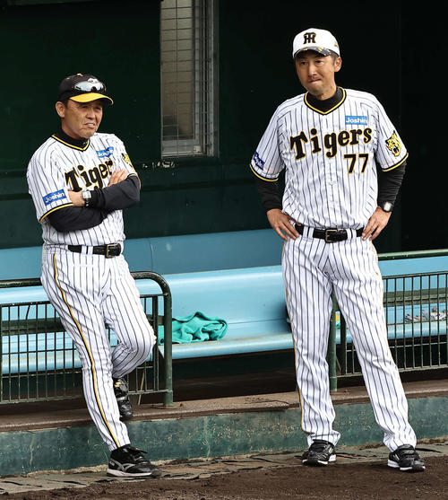 ベンチで打撃練習を見守る岡田監督（左）と今岡コーチ（2023年2月10日）