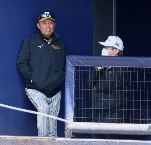 日本ハム対阪神　ベンチで話す杉山オーナー（右）と岡田監督（撮影・加藤哉）