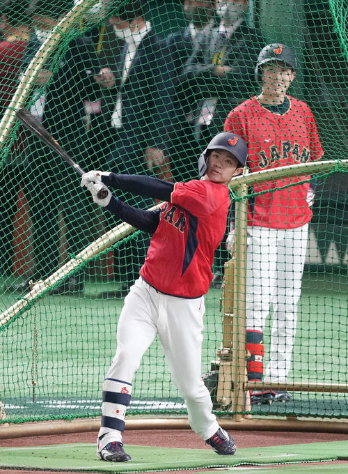 公式練習でのフリー打撃で汗を流す中野（撮影・狩俣裕三）