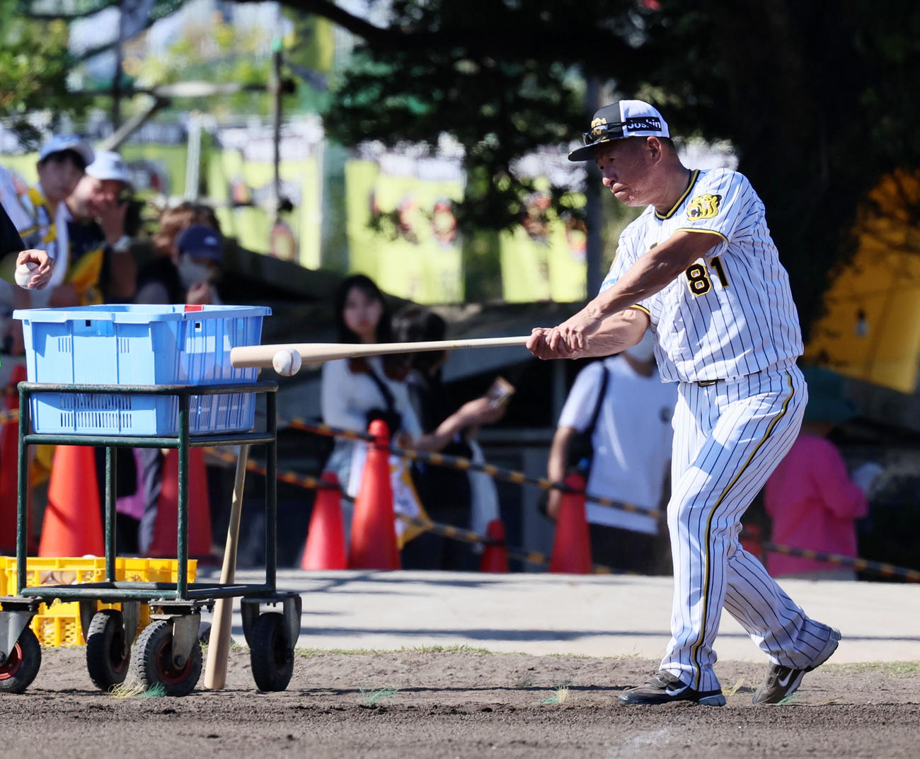 特守で佐藤輝明にノックを打つ馬場敏史コーチ（2024年2月1日撮影）