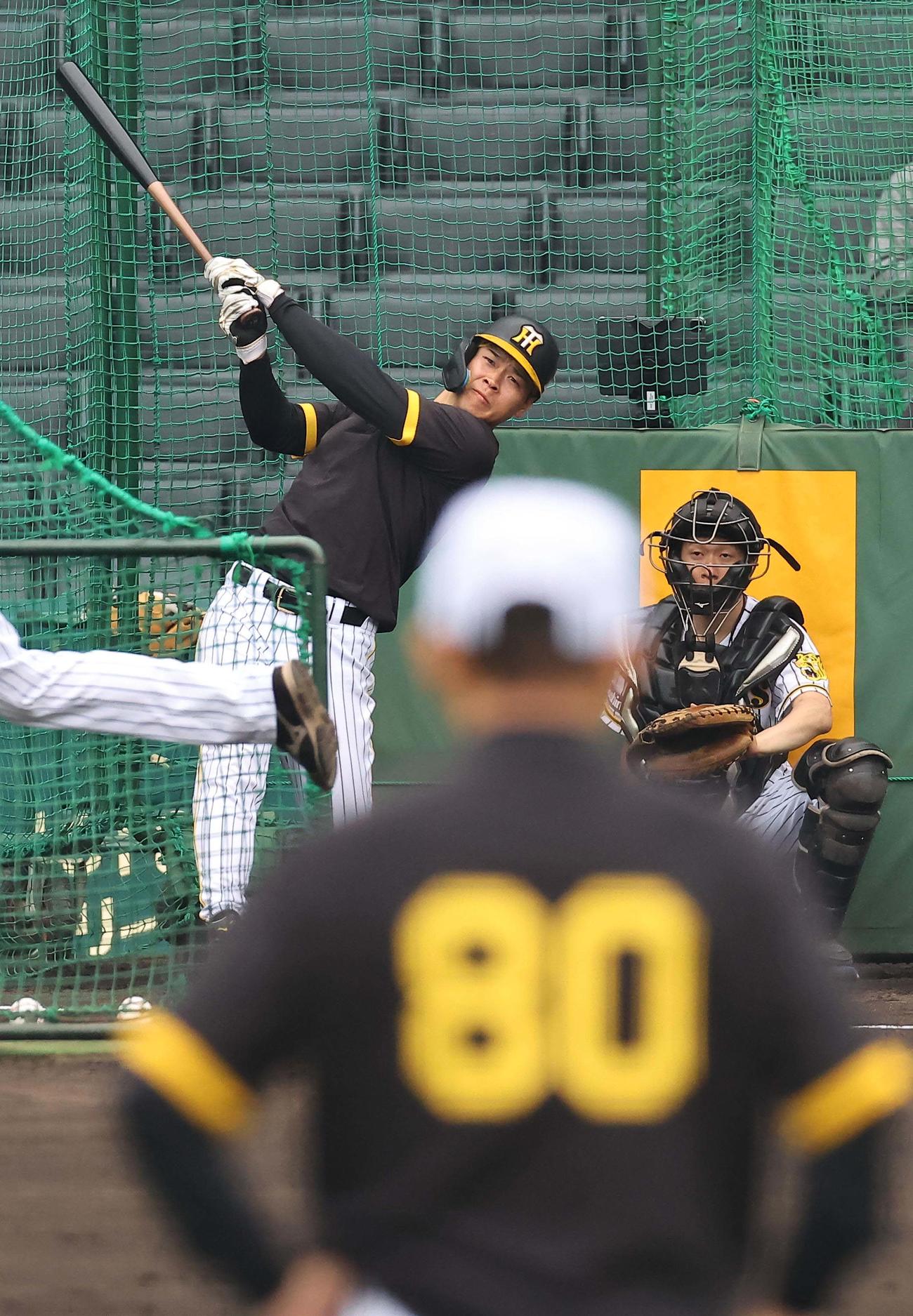 岡田監督のチェックを受けながら打撃練習をする佐藤輝明（2024年4月26日撮影）