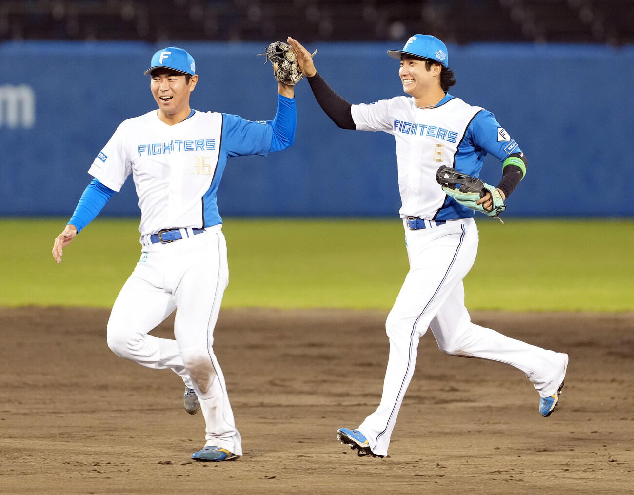 日本ハム対巨人　優勝を飾り宮崎一樹（左）とハイタッチする浅間大基（撮影・たえ見朱実）