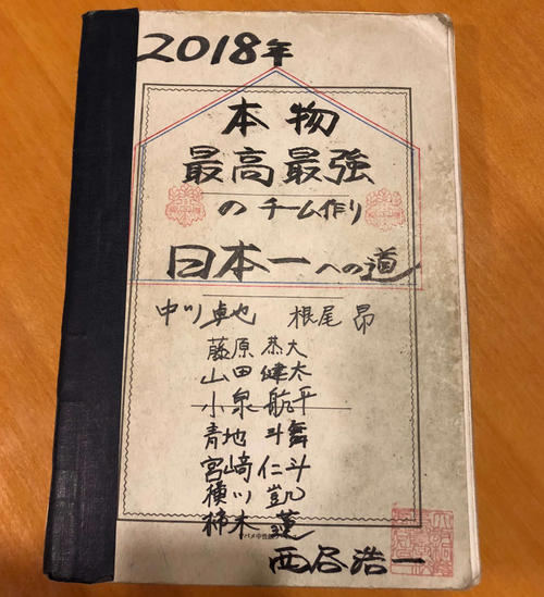 大阪桐蔭の3年生9人と西谷浩一監督によって書かれた野球ノート（撮影・磯綾乃）