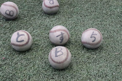 平成国際大女子硬式野球部では、打撃練習用の一部ボールにひらがなや数字、アルファベットを書いている（撮影・沢田啓太郎）