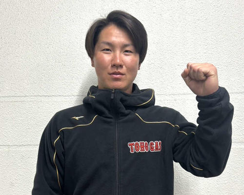 19年東邦優勝メンバーで同大の松井涼太外野手（22）。今春卒業後、故郷の社会人野球チーム・東邦ガス（愛知）に進む（2024年3月3日撮影）