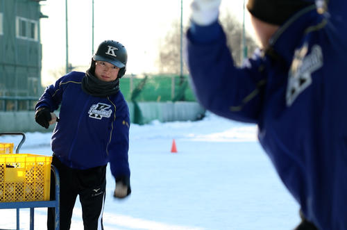 朝練でチームメートの練習をサポートする駒大苫小牧・学生コーチの松本君(撮影・青山麻美)