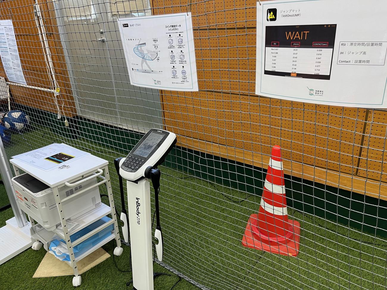 体力測定の機器や、その指標などが示されている