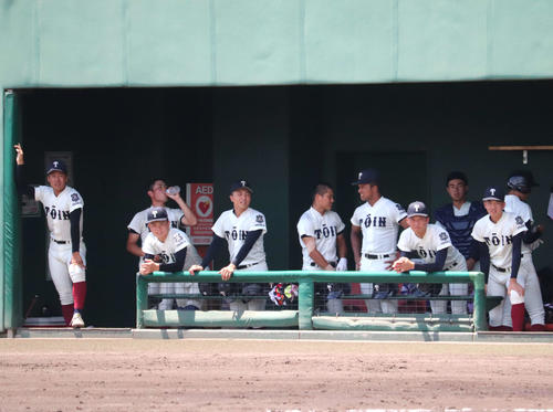 大阪桐蔭対大商大堺　ベンチで戦況を見つめる、大阪桐蔭の背番号11の中野（写真左）（撮影・中島麗）