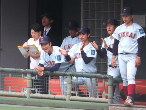 2025年5月18日、関西学生春季第6節2回戦　近大対関学大でベンチで試合経過を記録する、近大・稲葉陽士さん（左）（撮影・中島麗）