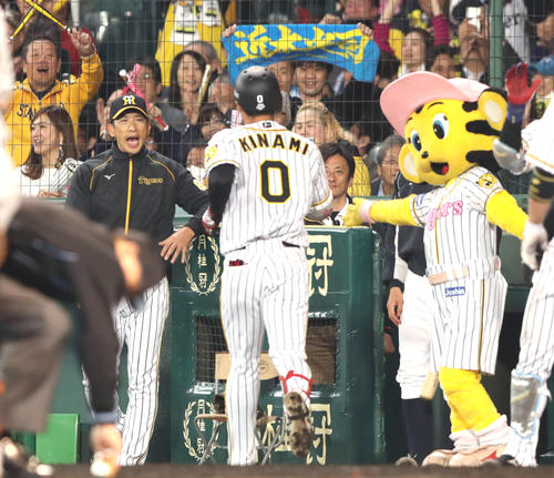 阪神対巨人　7回裏阪神2死一、三塁、右越え3点本塁打の木浪（中央）をベンチ前で迎える矢野監督（同左）（撮影・松本俊）
