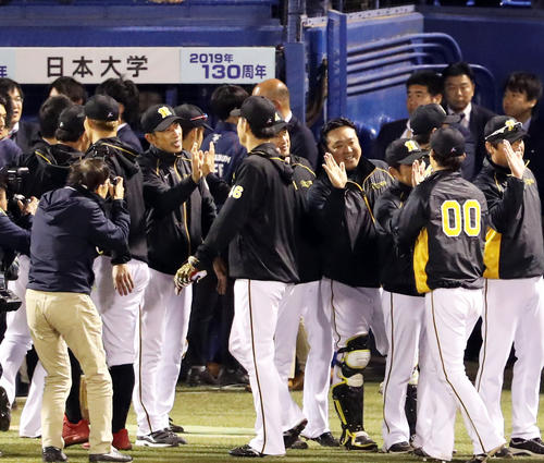 試合後、秋山（中央右）とタッチを交わす矢野監督（同左）（撮影・狩俣裕三）