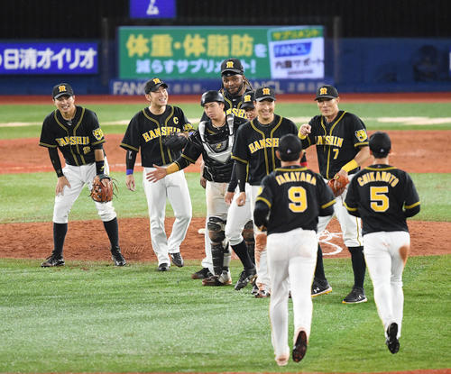 DeNA対阪神　DeNAに勝利して喜ぶ阪神ナイン（撮影・加藤諒）