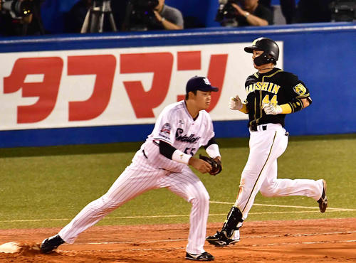 6回表阪神1死一塁、梅野は遊ゴロ併殺打に倒れる。左はヤクルト村上(撮影・小沢裕)
