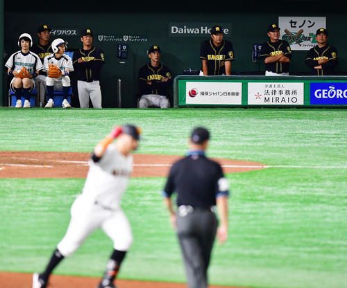 巨人対阪神　4回裏巨人無死二塁、ゲレーロに2点本塁打を浴び、ベンチの矢野監督（右から4人目）も厳しい表情（撮影・清水貴仁）