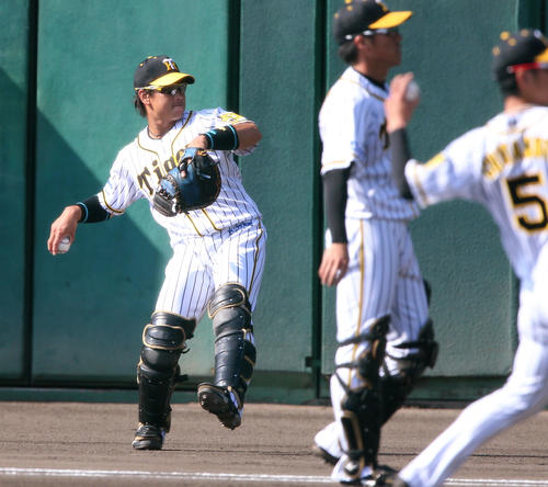 10時56分キャッチボールする梅野（撮影・上山淳一）