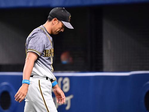 中日対阪神　7回、投手交代を告げる矢野監督（撮影・上田博志）