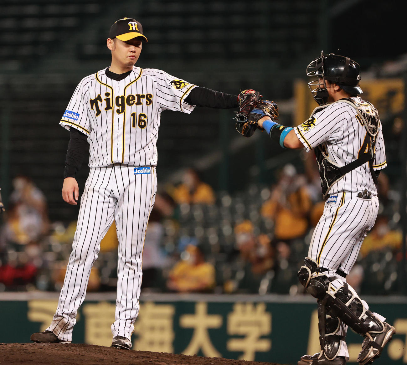阪神対中日　完投勝利をあげ梅野（右）とタッチを交わす西勇（撮影・清水貴仁）