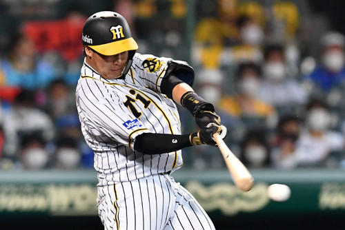 阪神対DeNA　7回裏阪神2死、大山は左前安打を放つ（撮影・岩下翔太）