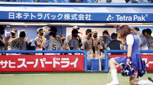 ヤクルト対阪神　試合前、ベンチ内で円陣を組み、声出しをする北條（手前中央）（撮影・狩俣裕三）