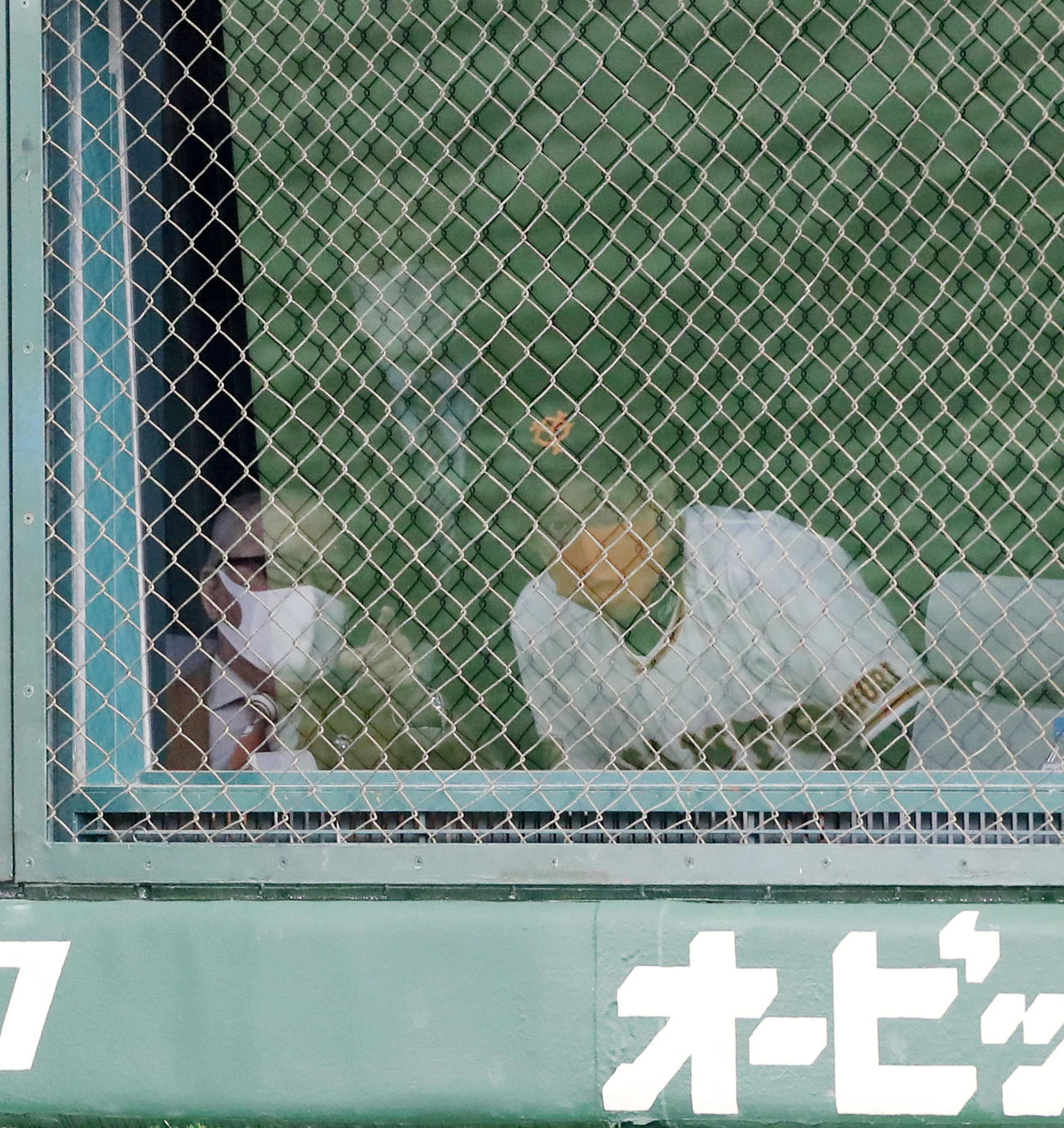 巨人対阪神　原監督（右）と話すネット裏から観戦の長嶋終身名誉監督（撮影・加藤哉）