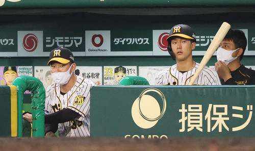 阪神対ヤクルト　スタメンを外れる糸原（左）、右は小幡（撮影・清水貴仁）