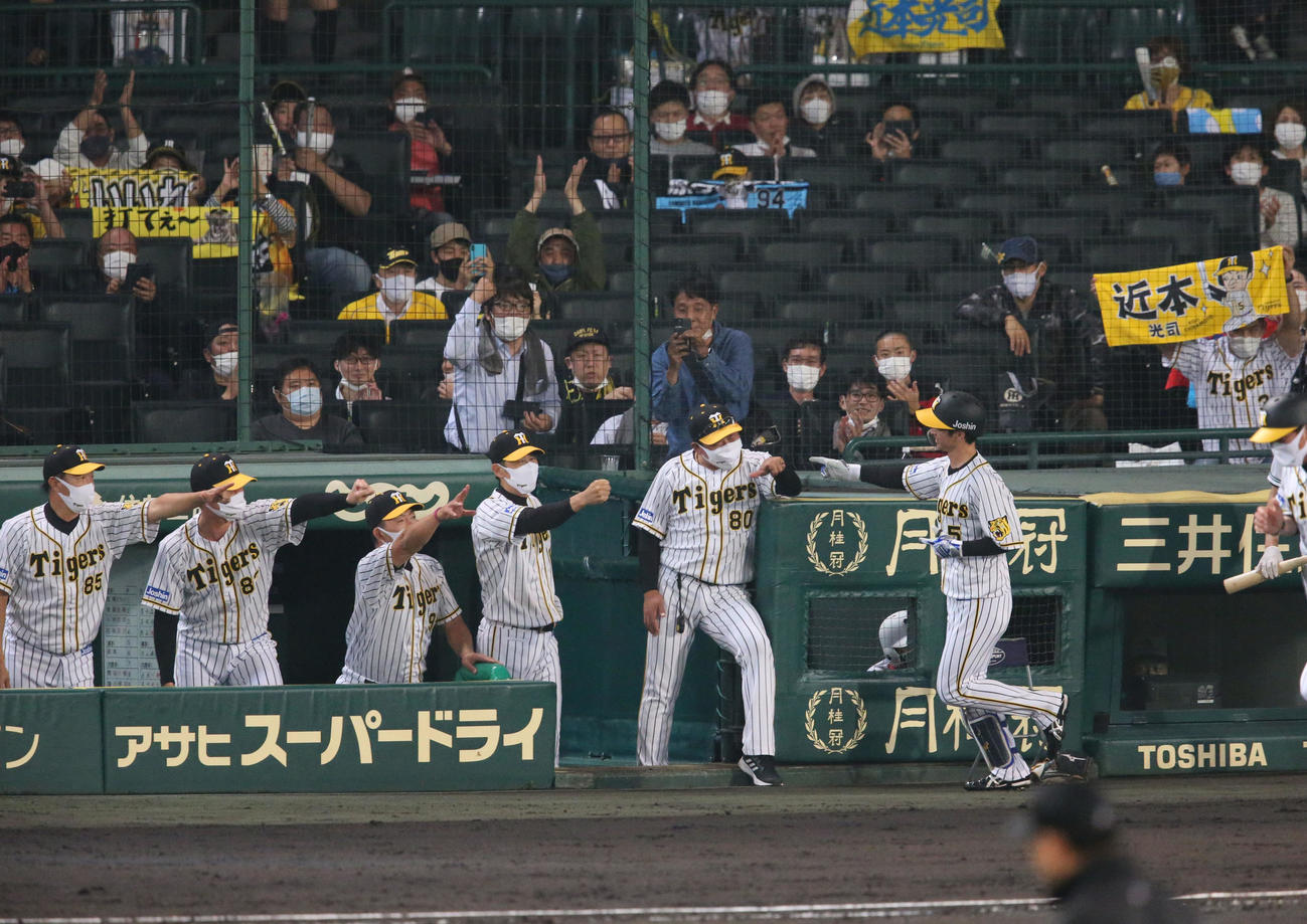 阪神対ヤクルト　5回裏阪神1死、矢野監督（左から4人目）は先制の右越え本塁打を放った近本（右）を出迎える（撮影・上山淳一）