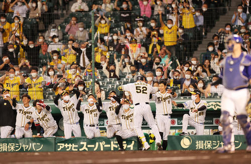 阪神対中日　8回裏阪神2死、左越え決勝本塁打のサンズを出迎える選手たちと喜ぶスタンドのファン（2021年5月13日撮影）