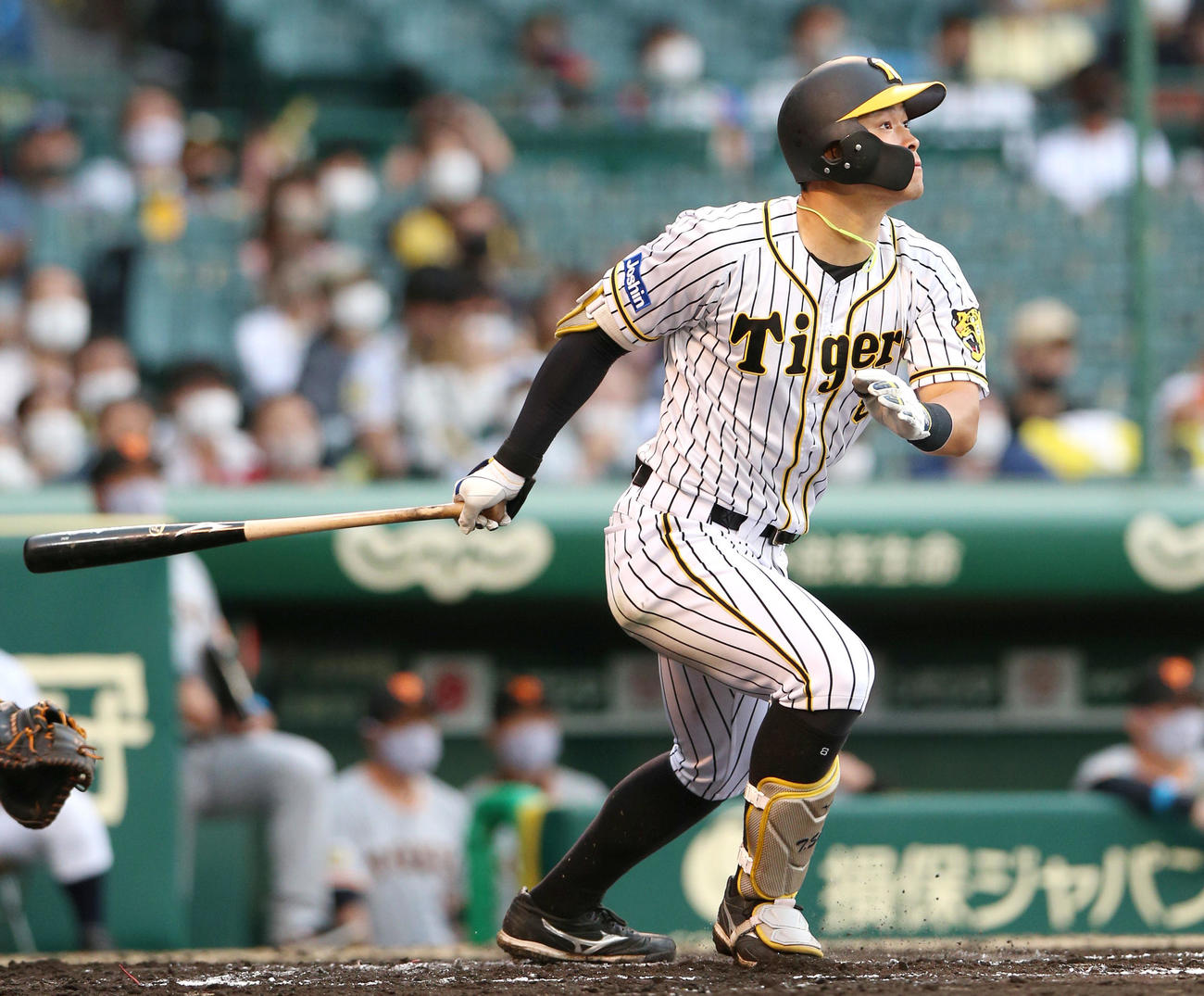 阪神対巨人　6回裏阪神2死、佐藤輝は右越え本塁打を放つ（撮影・上山淳一）