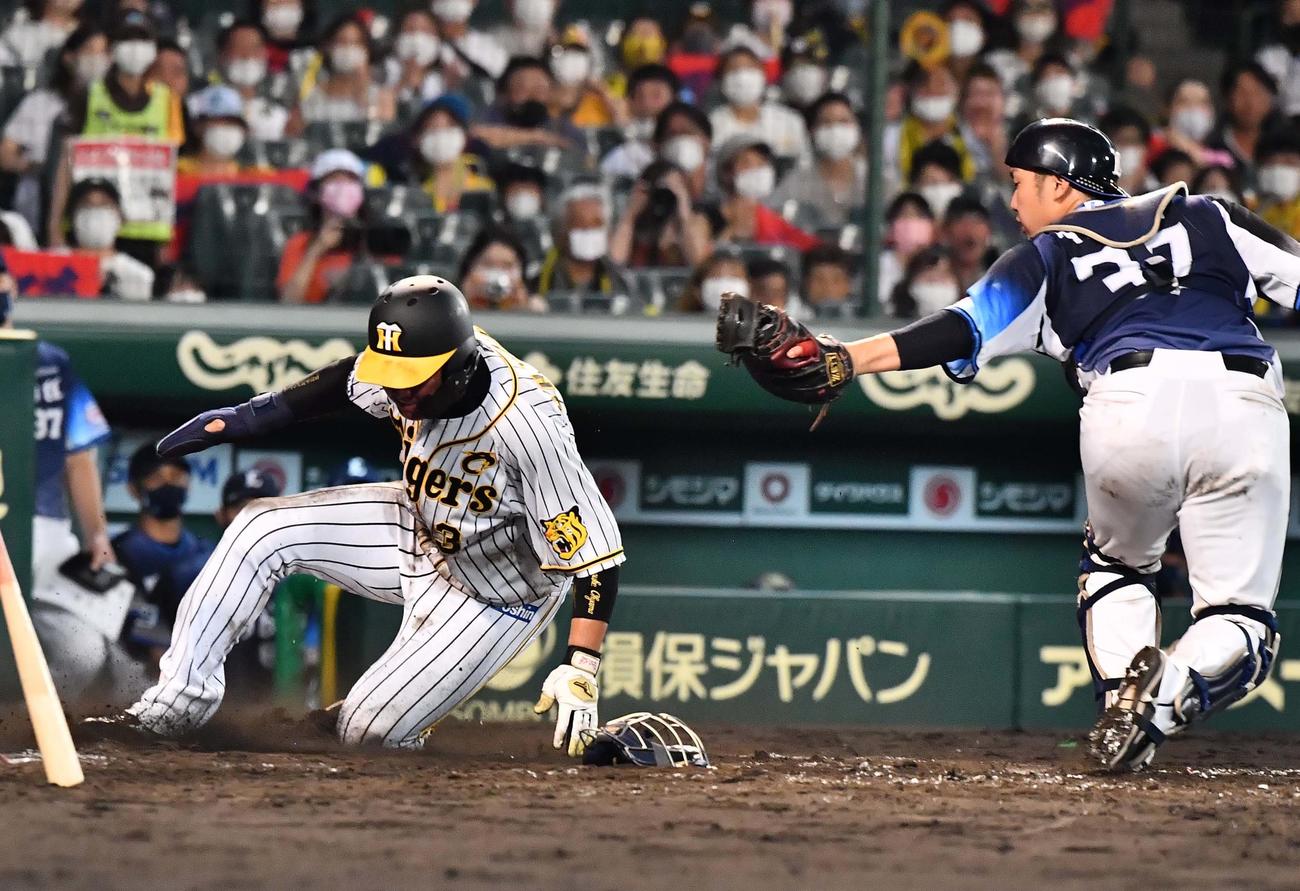 阪神対西武　5回裏阪神1死一、三塁、板山の二盗の間に本塁へ本盗する大山（撮影・上田博志）