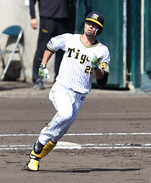 シート打撃練習で岩貞から中越え3点本塁打を放った阪神江越（撮影・加藤哉）