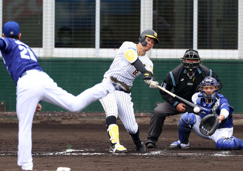 7回裏阪神1死一、二塁、中前に同点適時打を放つ阪神佐藤輝明（撮影・上田博志）