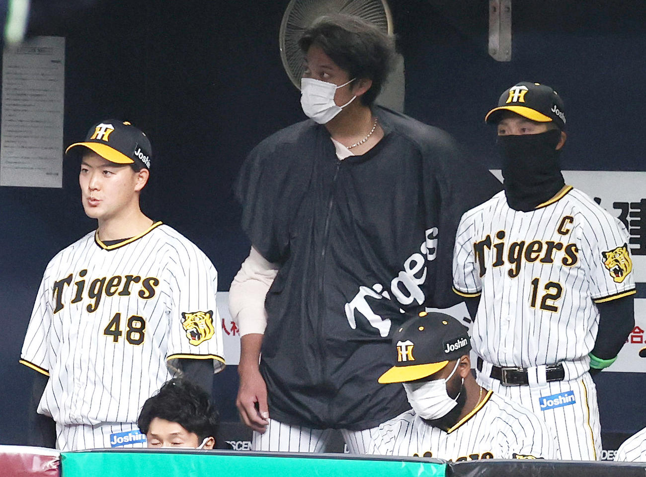 阪神対ヤクルト　8回、ベンチから試合を見る藤浪（中央）ら（撮影・上山淳一）