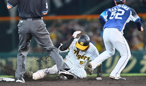 4回裏阪神2死、右中間に二塁打を放つ島田（撮影・和賀正仁）