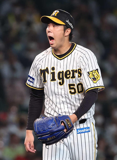 阪神対中日　7回表中日2死一、二塁、青柳は大島を三振に仕留め、雄たけびをあげる（撮影・上田博志）