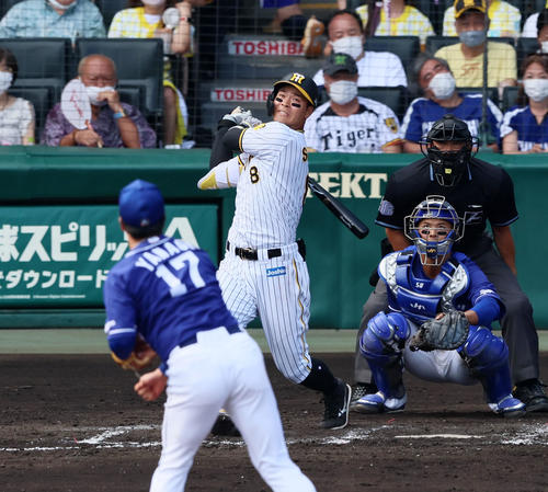 阪神対中日　7回裏阪神1死、佐藤輝は中飛を打ち上げる。投手は柳（撮影・加藤哉）