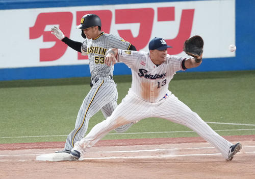 ヤクルト対阪神　3回表阪神無死、内野安打を放ち一塁へ駆け込む島田。一塁手オスナ（撮影・鈴木みどり）